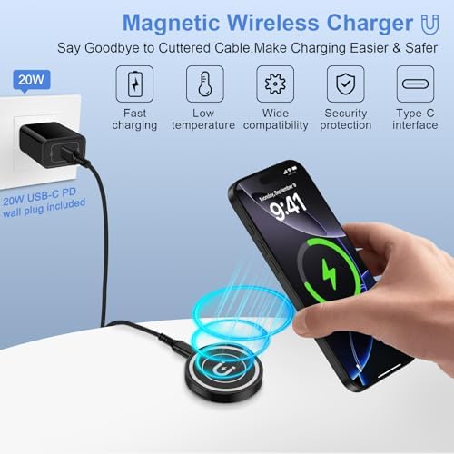 Magnetic Wireless Charger Pad – 15 W Fast Charging Station for i Phone 16/15/14/13 Series & Samsung Galaxy S25 Ultra – Includes 20 W USB-C Adapter – Compact Qi-Certified Charger with Strong Magnetic Alignment for Seamless On-the-Go Use – Enhanced Compatibility with Mag Safe Cases – Safe Trickle Charge Mode for Optimal Battery Protection – Perfect Travel Companion for Efficient Charging and Multitasking