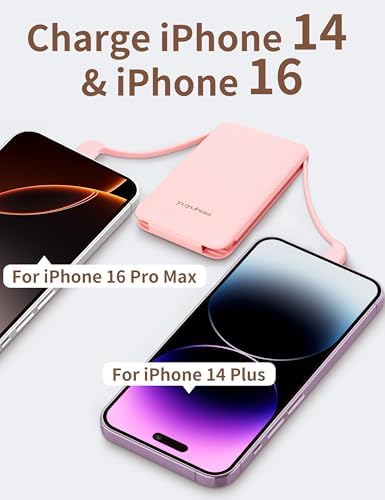 Ultra-Slim 5000 m Ah Power Bank with Built-In USB-C Cables – Dual Charging External Battery Pack for i Phone & Android – Lightweight Travel Companion in Black & Pink – Effortless Portability and Enhanced Device Compatibility