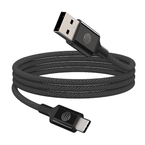 AT&T 6 ft Braided USB-C Charging Cable – Durable & Tangle-Free Cord for Fast Data Transfer and Universal Device Compatibility – Ideal for Phones, Tablets, and Laptops – Includes Warranty for Enhanced Reliability – Sleek Black Design
