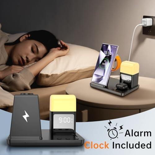 Revolutionize Your Charging Experience with the 6 in 1 Wireless Charging Station for Samsung and Android – Featuring Integrated Alarm Clock and Adjustable Night Light, Compatible with Galaxy S25, S24, S23 Ultra, Galaxy Watch Ultra 7-4, and Buds3 Pro – Fast Charge, Compact Design, Ideal for Streamlined Bedside or Office Setup