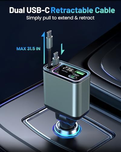 Versatile 4-in-1 Retractable Car Charger with RGB Lighting – 92 W Fast Charging USB-C Adapter for i Phone, Galaxy, and Pixel – Compact & Stylish Car Phone Charger for Effortless Power Management – Essential Car Accessory for Tech-Savvy Drivers