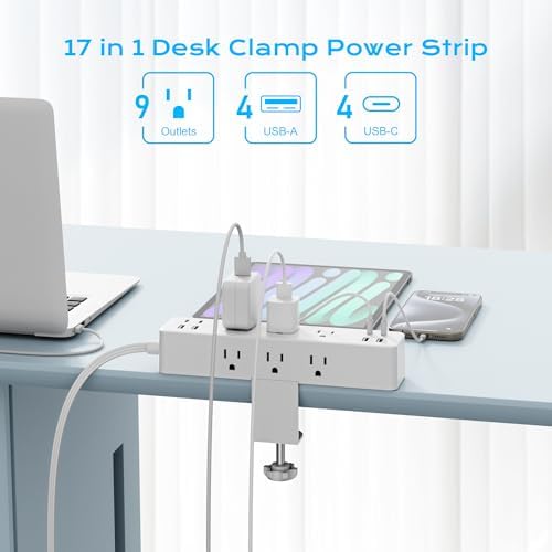 Revolutionize Your Workspace with ACOZVIN 17-in-1 Desk Clamp Power Strip – 40 W Fast Charging Hub, 9 AC Outlets & 8 USB Ports (4 USB-C) for Ultimate Device Connectivity, 10 ft Flat Plug Surge Protector Perfect for Home Office Efficiency and Safety