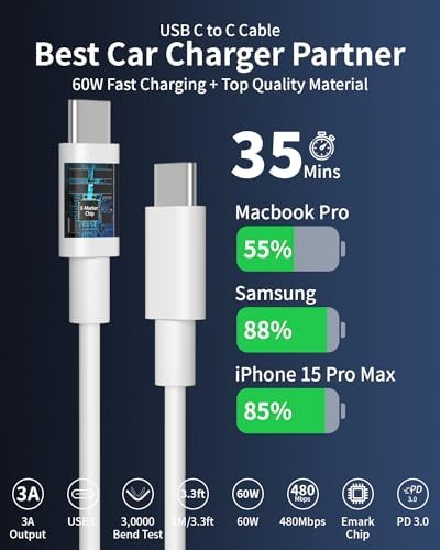 Power Up Your Journey: i Phone 15 24 W Dual-Port Fast USB Car Charger with 2-Pack 3 FT USB-C Cables – Ultimate Compatibility for i Phone 16/15, i Pad Pro/Air/Mini, Galaxy, and Pixel Devices – Compact, Efficient, and Built for Speed