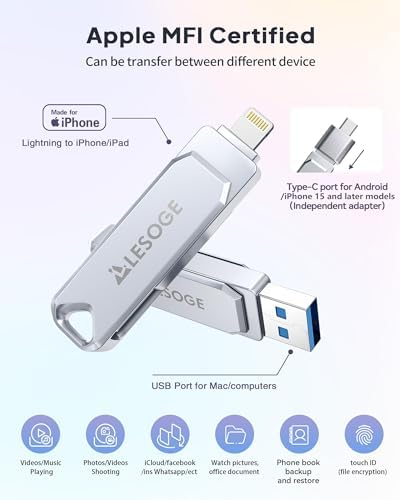 MFi Certified 128 GB High-Speed USB Flash Drive – Versatile Photo Stick for i Phone, i Pad, Android & PC – Seamless Dual Interface, Compact Design for Effortless Data Transfer and Storage Solutions