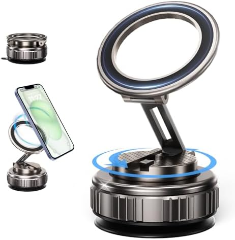 Vacuum Suction Magnetic Phone Holder, 360° Adjustable Suction Cup Phone Holder, Foldable Vacuum Suction Cup Phone Mount, Portable Cell Phone Holder for Your Car, Gym, Smooth Surface, Obsidian Black – Enhanced Compatibility and Speed