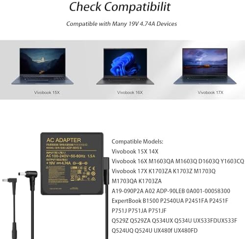Power Up Your Gaming Experience with the 90 W ASUS ROG Strix Laptop Charger – Ultra-Fast Charging for PG Series & TUF Gaming Models – Multi-Protection Safety Features Included – Compatible with Multiple ASUS Laptops Including Vivobook and Expertbook – Reliable AC Input 100-240 V for Global Use – High-Performance DC Output 19 V at 4.74 A – Versatile Connector Sizes 5.2 mm, 2.5 mm, 4.5 mm, and 3.0 mm – Maximize Your Productivity with Enhanced Compatibility Across ASUS Models – Ideal Replacement Adapter for Gaming Enthusiasts and Professionals – Engineered for Efficiency and Durability to Keep You Powered On-The-Go – Perfect for Those Seeking a Robust and Dependable Power Solution for Their ASUS Laptops – Upgrade Your Charging Game Today!