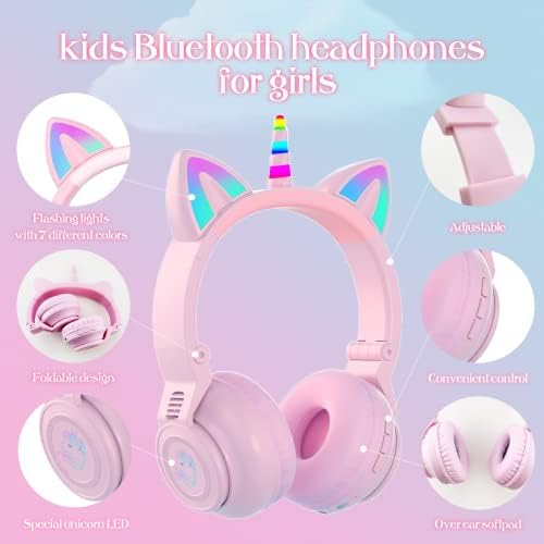 Enchanting Unicorn Wireless Headphones for Kids – Stylish Pink Foldable Design with Light-Up Features, Perfect for Tablets and Toddlers – Superior Sound Quality and Comfort for Magical Listening Adventures – Durable, Adjustable, Tangle-Free Fun for Every Little Girl