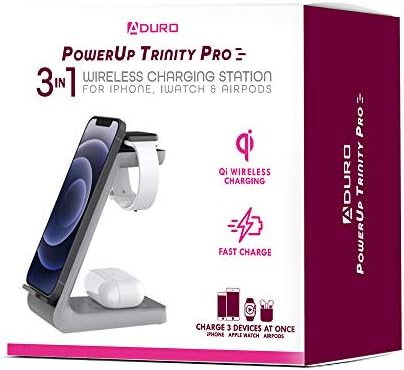 Aduro Power Up Trinity Pro 3-in-1 Wireless Charging Station for Apple Devices – Ultimate Fast Qi Charging Dock for i Phone 12/11/SE, Apple Watch & Air Pods – Sleek Design with Enhanced Safety Features for Efficient Power Management and Organized Device Storage