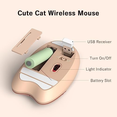 Adorable Pink Cat Wireless Silent Mouse – 2.4 GHz Plug and Play Optical Companion for Laptop & PC – Compact, Noise-Free Design Perfect for Home, Office, and Study Sessions – Cute Cat-Themed USB Nano Receiver Included