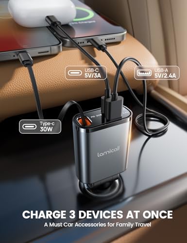 Ultra-Compact Lamicall Retractable Car Charger – 57 W USB-C Fast Charging for i Phone 16, Galaxy S25, Pixel Android | Space-Saving Design with Enhanced Compatibility & Safety Features for Quick On-the-Go Charging