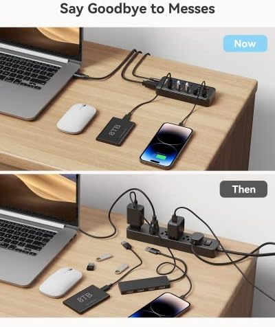 Revolutionize Your Workspace with Wenter 5-Port USB 3.0 Hub – High-Speed Data Transfer & Smart Charging Technology for PC and MAC, Featuring Individual LED Switches and 15 W Power Supply for Ultimate Control and Efficiency