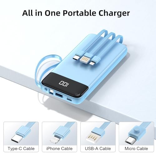 Ultimate 10000 m Ah Portable Power Bank with Built-in Charging Cable and LED Power Indicator – Travel-Ready External Battery Pack for i Phone 16/15, Samsung S22, and Android Devices – Unmatched Compatibility and Rapid Charging for On-the-Go Lifestyles
