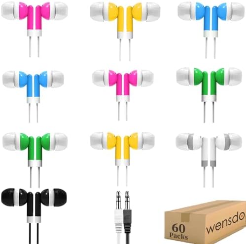 Bulk 60-Pack Colorful Student Earbud Headphones – Classroom & Library Essential, Individually Bagged for Easy Distribution – Lightweight, Durable, and Universally Compatible – Transform Learning with Engaging Audio Experiences