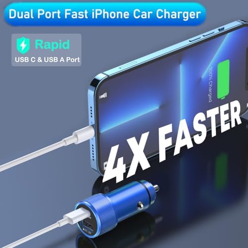 High-Performance i Phone Car Charger – Dual-Port 38 W USB-C & QC3.0 Fast Charging Adapter with 2 Lightning Cables, MFi Certified for i Phone 14, 13 Pro Max, 12, 11, X – Sleek Grey Design for Enhanced Compatibility and Efficiency on the Road