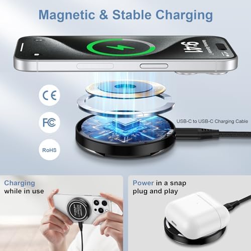 Samsung Magnetic Wireless Charger Pad – 15 W Fast Charging Stand for Galaxy S25/S24/S23/S22/S21/S20 and i Phone 16 Pro Max/15/14/13/12 – 2 Pack with USB-C Cables – Enhanced Magnetic Suction & Wide Device Compatibility for Quick and Safe Charging Experience – Ideal for Home, Office, and Travel Use – Perfect Gift for Tech Enthusiasts