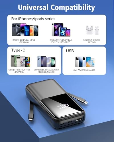 High-Capacity 20,000 m Ah Portable Power Bank – Ultra-Fast Charging Battery Pack with Built-In USB-C and i OS Cables for i Phone, Android, and Samsung Devices – Ideal Travel Companion for Uninterrupted Connectivity – Durable and Lightweight Design (1 Pack, White)