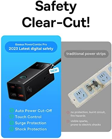 Baseus 1200 J Surge Protector Power Strip – PD 40 W USB-C Fast Charging Station with 3 AC Outlets & 3 USB Ports for Ultimate Device Compatibility in Home, Office, or Dorm Room – Safe, Efficient, and Compact Charging Solution
