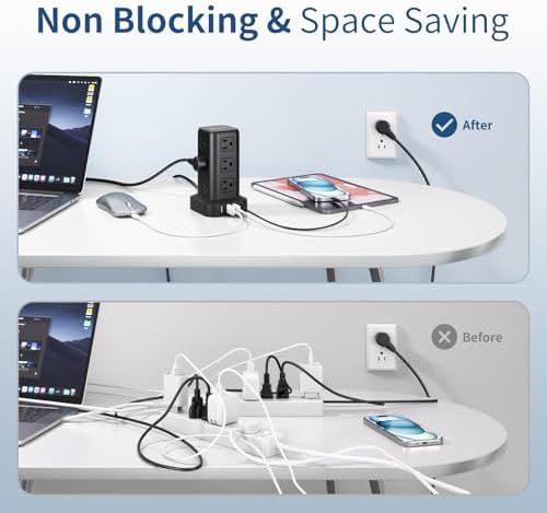Ultimate Surge Protector Power Strip Tower with 10 FT Cord and 4 USB Ports (1 USB C) – 12 AC Outlets for Home Office and Dorm Room – Space-Saving Design with Enhanced Protection for Your Electronics and Fast Charging Solutions