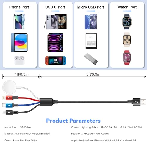 Ultimate 4-in-1 Travel Charging Cable Duo – Durable Braided USB C, Lightning, and Micro USB Connectors for Apple Watch Series Ultra/SE/10-1, i Phone 16/15/14, and Galaxy Devices – 4 Ft Fast Charging Solution for Effortless Connectivity on the Go