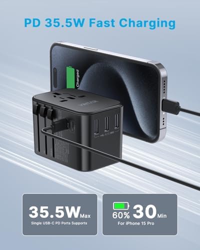 VINTAR Universal Travel Adapter: All-in-One Power Converter with 6 A Output, 3 USB-C and 2 USB Ports for Fast Global Charging Across Europe, UK, USA, and Australia – Essential Travel Accessory for Effortless Device Connectivity and Safety Features