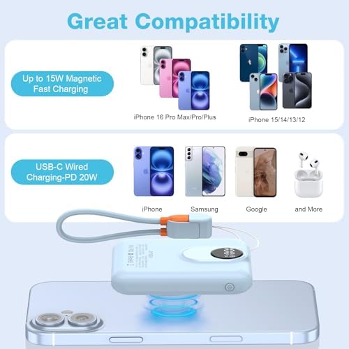 Compact Magnetic Power Bank for i Phone 12-16 | 5000 m Ah Slim Wireless Charger with 20 W Fast Charging, Detachable USB-C & i OS Cable, LED Display | Ultimate Portable Power Solution in Black