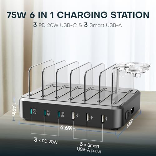 75 W 6-Port USB-C Fast Charging Station with 7 Cables – Multi-Device Dock for i Phone, Samsung, i Pad & More – Ultimate Charging Solution for Home & Office Efficiency