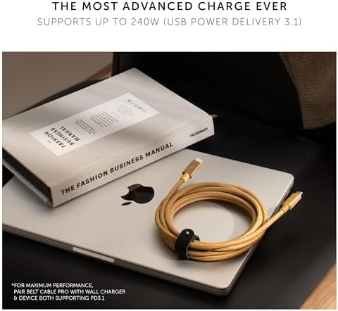 Native Union Type-C Belt Cable Pro – 8 ft Durable USB-C to USB-C Charging Cable with Leather Strap for i Phone 16, Mac Book Pro M2 – 240 W Fast Charge & Data Transfer Solution, Enhanced Resilience for Home & Office Use