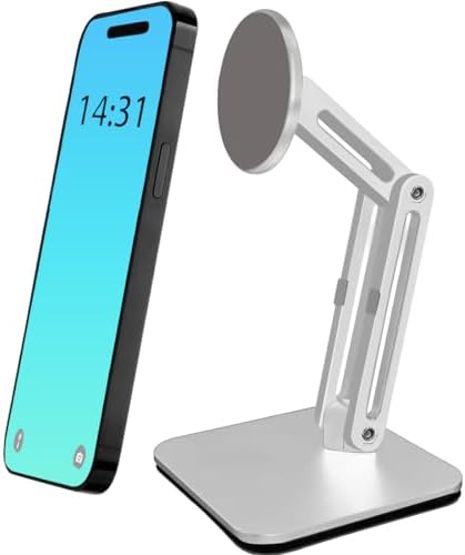 Magnetic Phone Stand for Desk, Heightened Adjustable Foldable, Compatible with iPhone 16/15/14/13/12 All Series/Mag-Safe Case (Silver) – Enhanced Compatibility and Speed