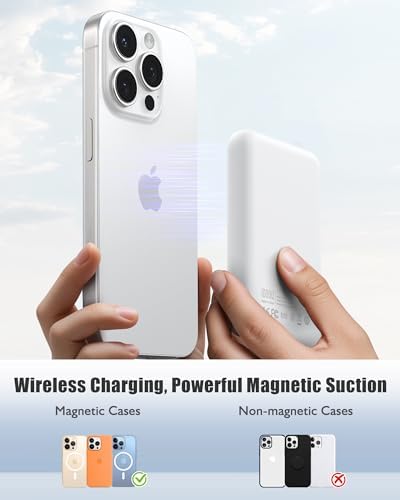 Ultra-Slim 10,000 m Ah Mag Safe Power Bank – 15 W Magnetic Wireless Charger with PD 20 W Fast Charging for i Phone 12-16 Series – Compact Beige Design for Effortless Portability & Simultaneous Dual Device Charging – Includes 22.5 W USB-C Cable for Quick Top-Ups and Hassle-Free Use
