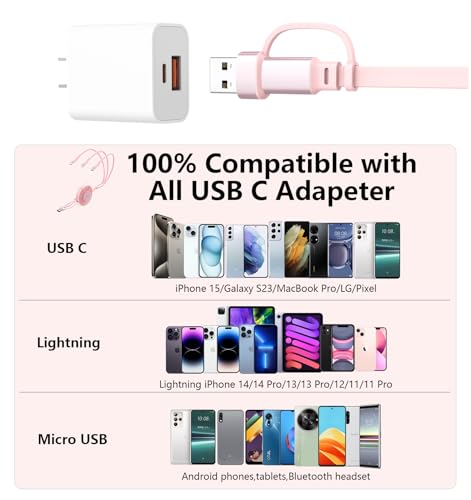 3-in-1 Retractable Multi Charging Cable, 100W Fast Charging USB-C/A to Lightning/USB-C/Micro USB Phone Charger Cord for iPhone 16/15, Samsung, MacBook, iPad （White） – Enhanced Compatibility and Speed