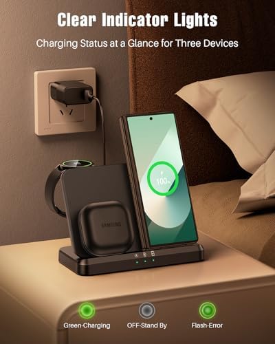 Elevate Your Charging Experience with the LK 3-in-1 Wireless Charger – Fast Charging Station for Samsung Galaxy Devices, Compatible with Galaxy Watch Ultra/7/6/5 Pro, S24 Ultra/S23/S22/S21, Z Fold/Flip 6/5/4/3, and Galaxy Buds (Black) – Compact Design with Enhanced Safety Features and LED Indicators for Seamless Power Management