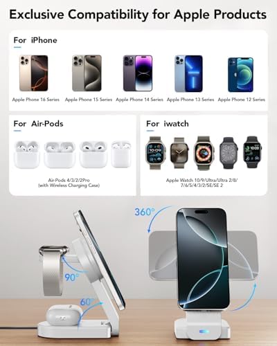 Ultimate 3-in-1 Foldable Wireless Charging Station for Apple Devices – Sleek Magnetic Dock for i Phone 16/15/14/13/12, Apple Watch Series 10/Ultra 2/Ultra/9/8/7/6/5/4/SE/SE 2, and Air Pods 4/3/Pro/2 – Fast, Portable, and Clutter-Free Charging Solution for Home or Travel