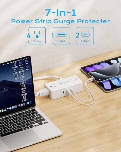 Kakyanill Compact Surge Protector Power Strip with 4 AC Outlets and Dual USB-C Ports – 5 ft Flat Extension Cord for Space-Saving Convenience and 900 Joules Protection – Ideal for Home, Office, and Dorm Room Use – Sleek White Design for Modern Living