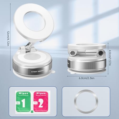 Upgraded 360° Vacuum Magnetic Phone Holder, Suction Cup Phone Mount, Foldable Strong Magnetic Cell Holder for Car/Gym/Mirror/Smooth Surface, Compatible with Magsafe iPhone (White) – Enhanced Compatibility and Speed