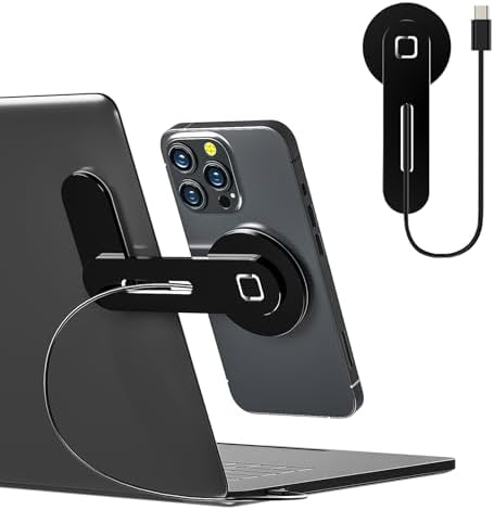 Sleek Aluminum Laptop Phone Holder with 15 W Fast Wireless Charger – Magnetic Mount for i Phone 12/13/14/15 Series – Modern Minimalist Monitor Clamp for Elevated Workspace Efficiency and Style