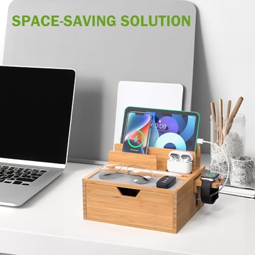 Pezin & Hulin Eco-Friendly Bamboo Multi-Device Charging Station: Elegant Nightstand Dock with Integrated Power Charger, USB Hub & Storage Drawer – Fast Charging for Phones & Tablets, Stylish Organizer for Modern Spaces