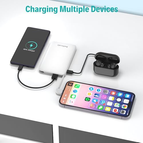 Ultra-Slim 20 W Fast Charging Power Bank with Built-in USB C Cable – 6000 m Ah Lightweight Portable Charger for i Phone 16, 15, Samsung & Android Devices – Essential Travel Battery Pack for On-the-Go Power Needs