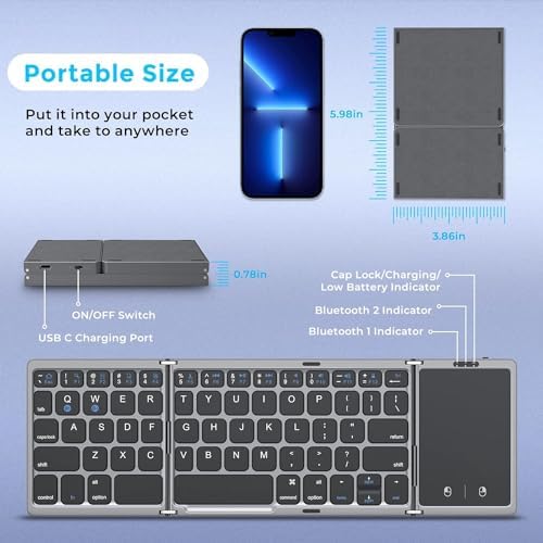 Portable Tri-Fold Bluetooth Keyboard with Touchpad – Rechargeable Multi-Device Wireless Companion for Laptops, i Pads, and Smartphones – Perfect Travel Accessory for Windows, i OS & Android Users – Enhance Your On-the-Go Productivity