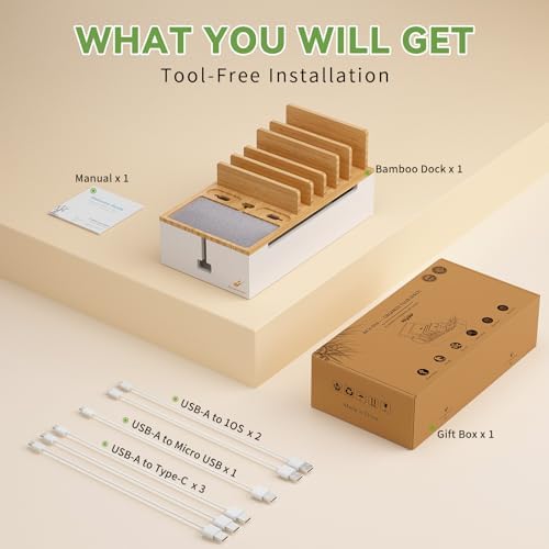 Pezin & Hulin Eco-Friendly Bamboo Cable Management Box – Sleek Desktop Organizer with 6 Cables for Tidy Charging Station, Stylish Wire Organizer for Electronic Devices, Enhances Workspace Efficiency and Aesthetics