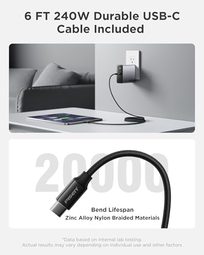 PISEN 140 W Ga N USB-C Fast Charger – High-Efficiency 3-Port Power Adapter with PD3.1 Technology, Foldable Design & 6 FT Type-C Cable for Rapid Charging of Mac Book, Laptops, i Phone & Samsung Devices – Ultimate Charging Solution for Professionals and Travelers