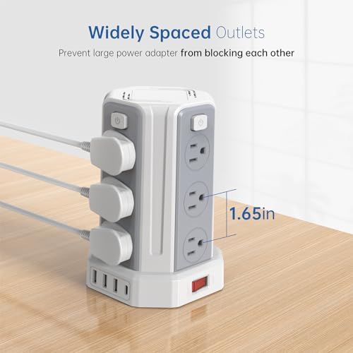 SMALLRT Power Tower Surge Protector – 10 Ft Extension Cord with 12 AC Outlets & 4 USB Ports (1 USB-C) – Ultimate Charging Station for Home & Office – Enhanced Device Compatibility & Safety