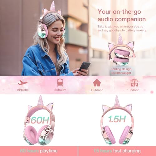 Elevate Your Child’s Listening Experience with Qear Fun Purple Cat Ear Bluetooth Headphones – 60 Hours of Playtime, Safe Volume Control (74/85/94 d B), Ultra-Portable Foldable Design, Advanced Bluetooth 5.3 Connectivity, and Built-in Mic for Girls – Perfect for School, Travel, and On-the-Go Fun