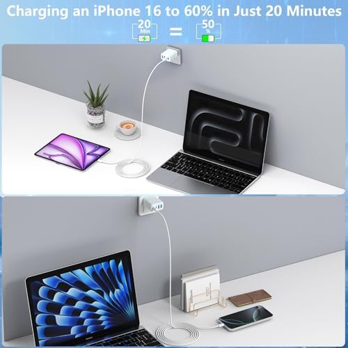 Linocell 2-Pack 60 W 4-Port USB C Charger Block – High-Speed Dual PD & QC Wall Adapter for i Phone 16-11 & Galaxy S25-S24 – Versatile Fast Charging Solution with USB-A Compatibility for Travel and Home Use