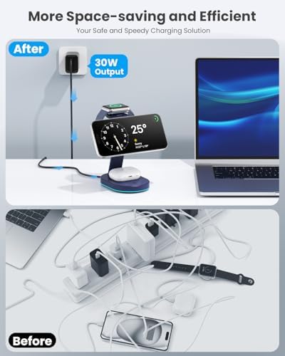 Ultimate 3-in-1 Wireless Charging Station for i Phone, Apple Watch, and Air Pods – Qi2 Certified 15 W Magnetic Charger with 30 W USB-C Adapter & Integrated Night Light – Streamlined Design for i Phone 16/15/14/13/12 – Superior Speed and Enhanced Compatibility for Modern Tech Users