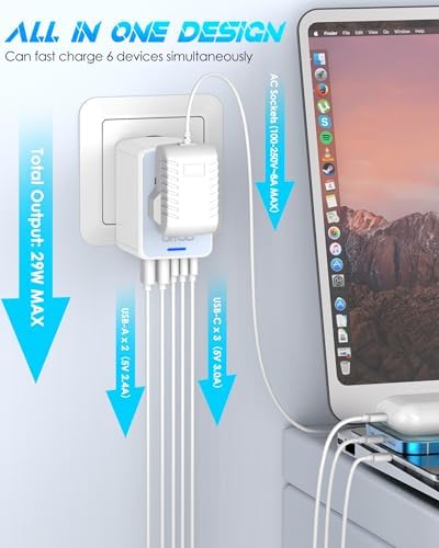 Global Travel Companion: High-Performance Universal Adapter with 6 A Output, Featuring 3 USB-C & 2 USB-A Ports for Swift Charging Across 200+ Countries – Perfect Solution for EU, US, UK, AU and Beyond