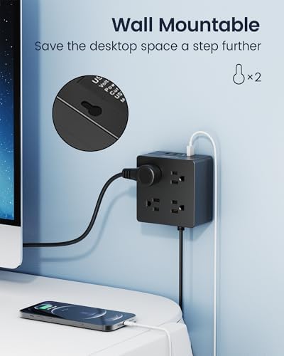 SUPERDANNY Portable USB Power Strip Surge Protector – Premium Desktop Extension Cord with 4 Spacious Outlets & 4 Advanced Smart USB Charging Ports for Home, Office, Hotel, Dorm, and RV Use – Elegant Faux Walnut Finish for Enhanced Aesthetics and Device Safety
