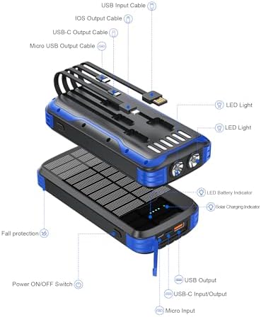 Ultimate 40000 m Ah Solar Power Bank – All-in-One Charging Solution with 20 W Fast Charge, Built-in 4 Cables, and Dual LED Flashlights for Outdoor Essentials – Waterproof, Durable Design for Universal Device Compatibility and Emergency Preparedness