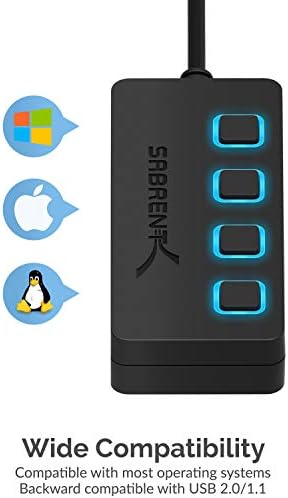 SABRENT 4-Port USB 3.0 Hub with Individual LED Power Switches – Ultra-Slim, Portable Design with 2 Ft Cable for Effortless Data Transfer – Compatible with Mac & PC, Perfect for Home and Office Use