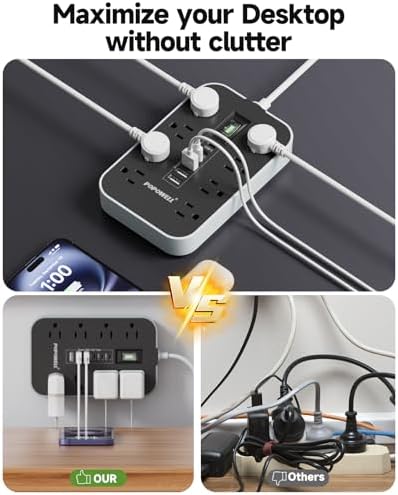 Heavy-Duty Appliance Power Strip with 14-Gauge Extension Cord – 24-Inch Multi-Outlet Surge Protector Featuring 8 AC Outlets & 6 USB Ports (4.8 A) for Fast Charging – 1080 J Protection for High-Wattage Devices in Kitchen, Garage & Workshop