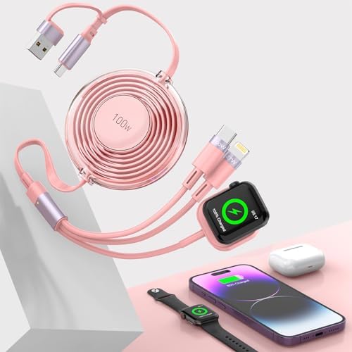 Revolutionary 5-in-1 Fast Charging Cable: Universal 100 W USB A/Type C & Lightning Solution for i Phone 15/14/13/12/11 & Samsung Galaxy Devices – Adjustable 6 ft Retractable Design for Effortless Portability – Seamless Compatibility with Apple Watch Series, Air Pods, and More – Premium Durable Construction for Enhanced Longevity – Simultaneous Multi-Device Charging Capability – Intelligent Smart Chip for Optimal Power Management – Compact, Lightweight, and Travel-Friendly for Ultimate Convenience – Perfect for Home, Office, or On-the-Go Charging Requirements